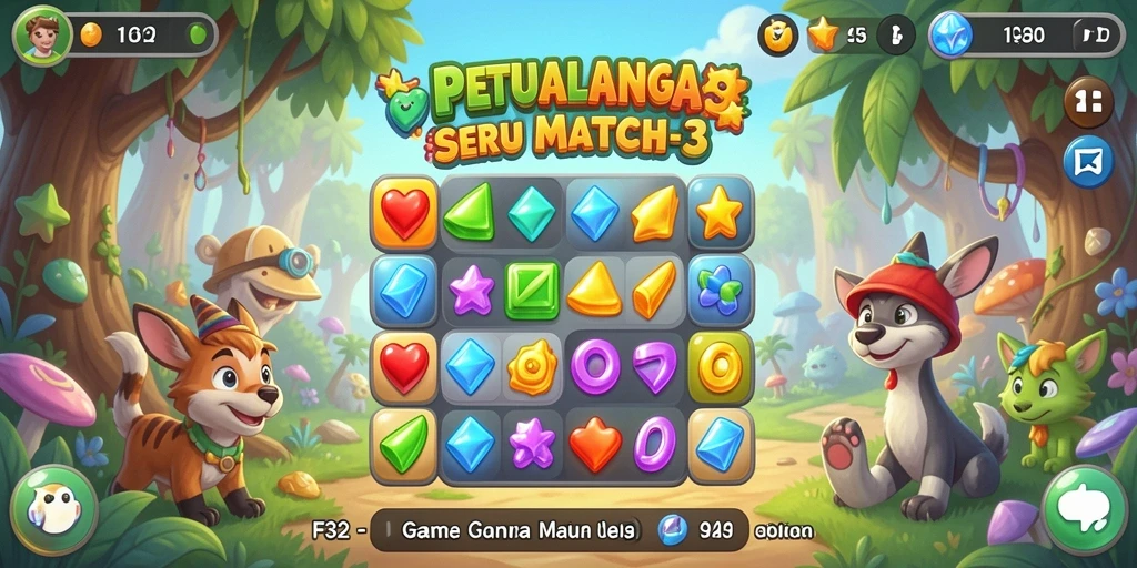 Screenshot gameplay F32 menunjukkan keseruan mencocokkan elemen warna-warni.