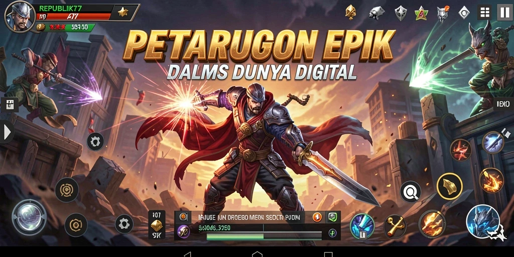 Tampilan pertarungan seru di REPUBLIK77 dengan karakter unik.