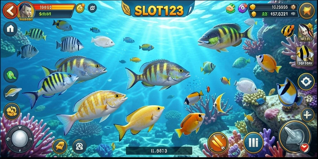 Gameplay seru di SLOT123 saat menembak ikan.